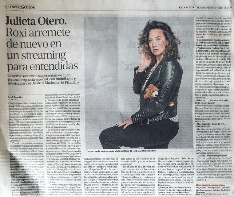 HOY en el Diario <a href="/LANACION/">LA NACION</a> 🤟🏼💃🏻😍

“Roxi canta las cuarentena” 🎤
Función online desde el <a href="/TeatroPicadero/">Teatro Picadero</a> 
📍Domingo 18 de octubre a las 20h
🎟 Entradas en Plateanet : bit.ly/RoxiTeatroPica…