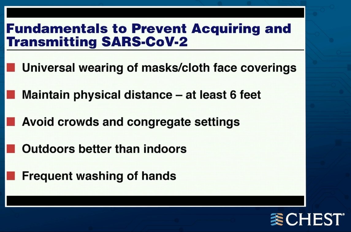 CHESTCritCare's tweet photo. Dr Fauci reminding us about the fundamentals to prevent SARS-CoV-2 transmission. Can't emphasize these measures enough. @accpchest #CHEST2020 #CHESTCritcare https://t.co/32mthIBagW