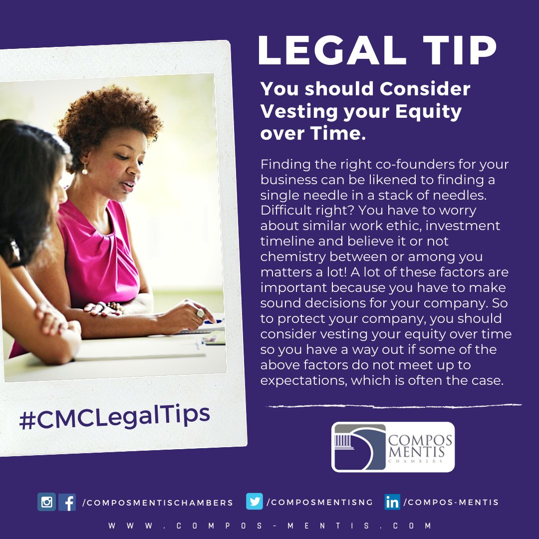 composmentisng's tweet photo. Finding the right co-founders for your business can be likened to finding a single needle in a stack of needles. Difficult right? You have to worry about similar work ethic, investment timeline and believe it or not.
Read more: https://t.co/zmVR5euPb7
#CMCLegalTips https://t.co/pHQR87ES69