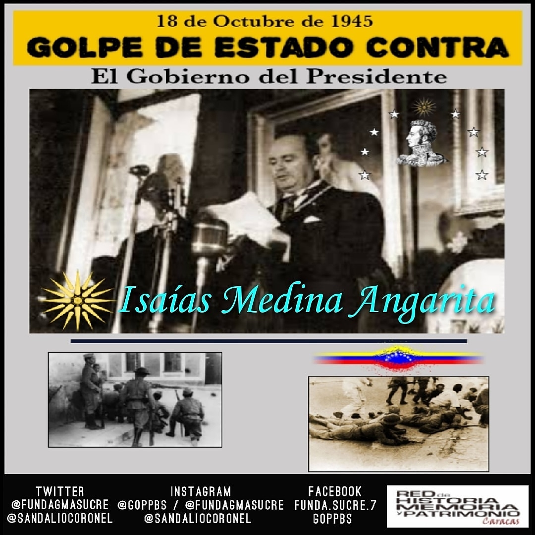 Fundación Sucre Biblioteca. El 18/10/1945 comenzó una insurrección cívico-militar liderada por Rómulo Betancourt y Marcos Pérez Jiménez que llevaría a deponer del poder al Gral. Isaías Medina Angarita. 
#Venezuela #Caracas #Efemérides #biblioteca #historia #quédateencasa