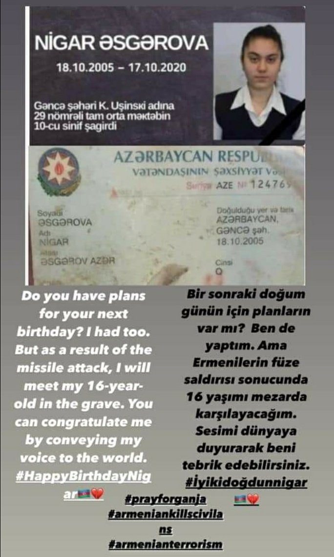 Erməni terrorunun qurbanı oldu CƏNNƏT MƏLƏYİ
#HappyBirthdayNigar 
#StopArmenianAggression 
#StopArmenianTerrorisim 
#PrayForGanjaCity