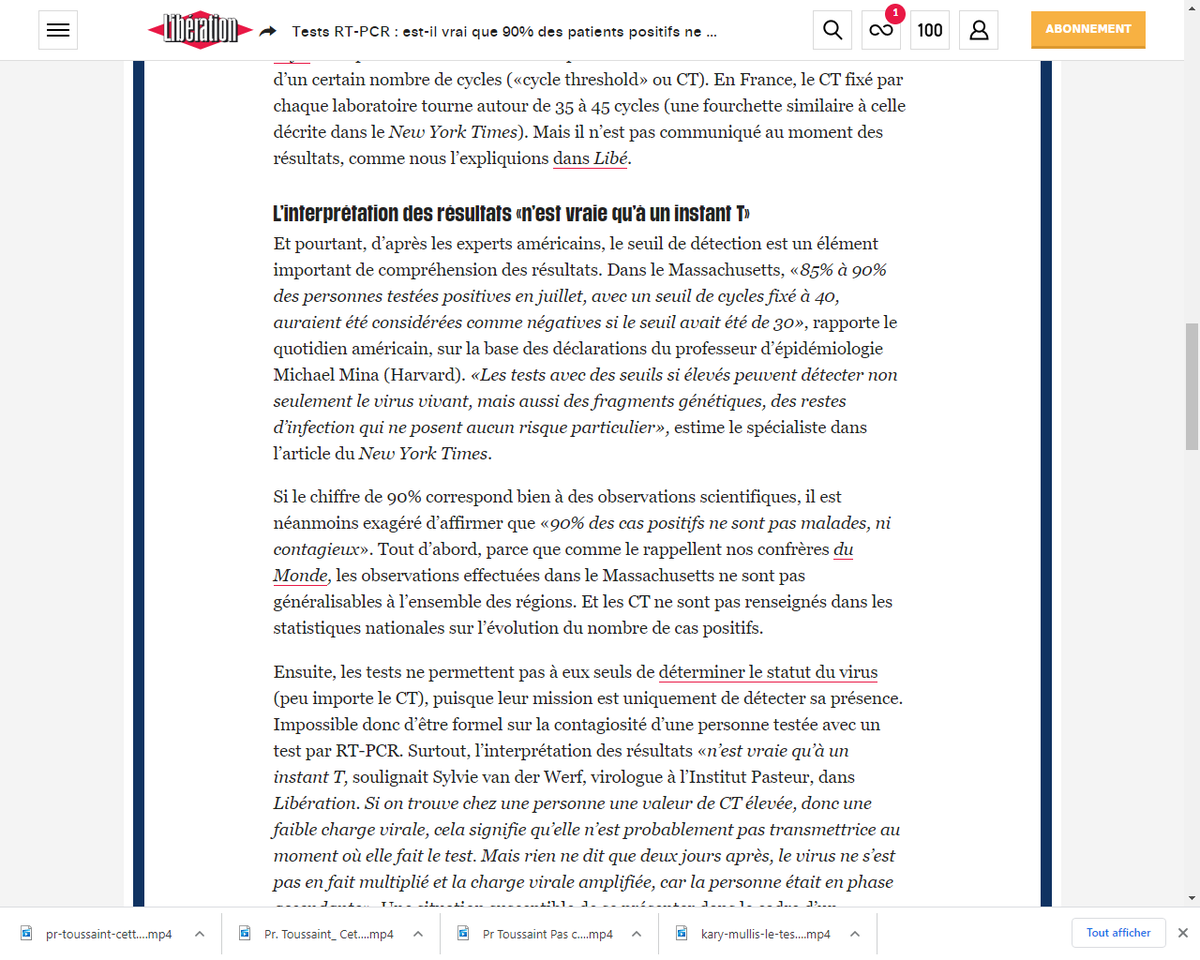 Le nb de cas positifs est surmultipliéLes laboratoires français réalisent des tests PCR entre 35 et 45 CT d'après "Libération". https://liberation.fr/checknews/2020/09/21/tests-rt-pcr-est-il-vrai-que-90-des-patients-positifs-ne-sont-pas-contagieux_1799741Les scientifiques proposent des CT à 24-25. Ils sont d'accord: au-delà de 34, c'est inutile.  https://industrie-techno.com/article/baisser-le-seuil-de-detection-des-tests-rt-pcr-du-covid-19-pour-mieux-depister-les-individus-contagieux.61734