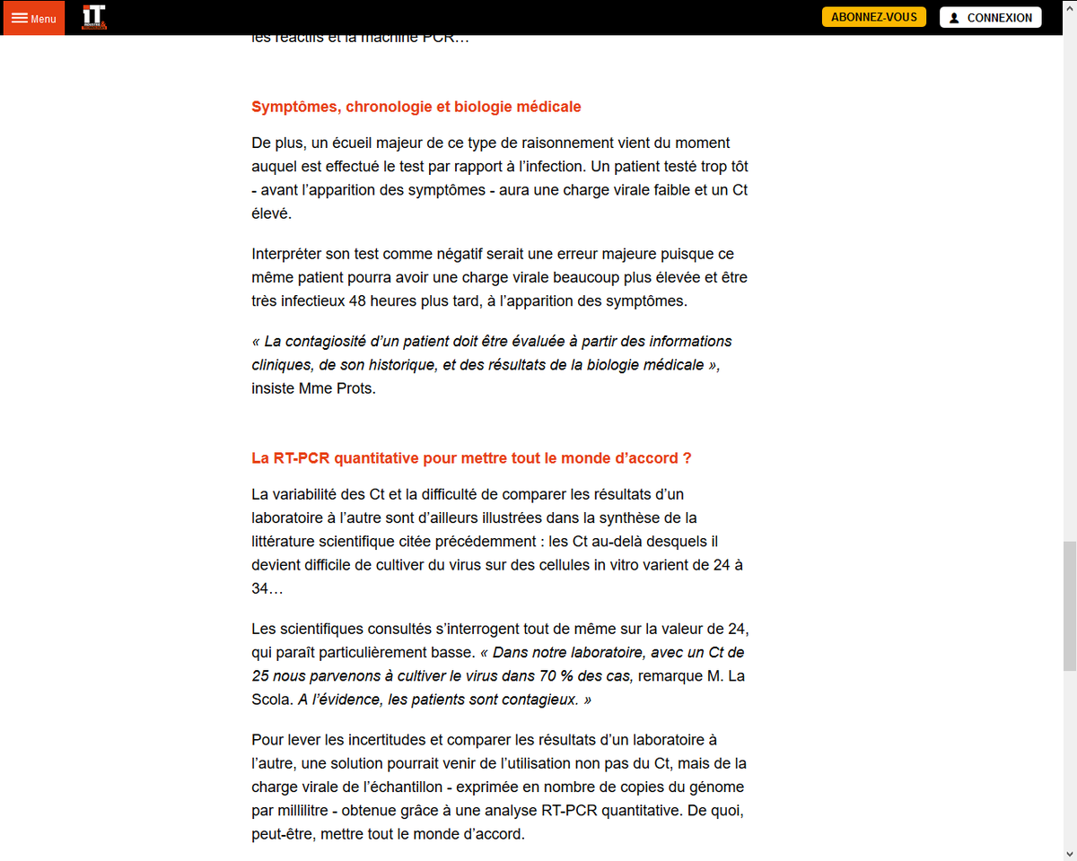 Le nb de cas positifs est surmultipliéLes laboratoires français réalisent des tests PCR entre 35 et 45 CT d'après "Libération". https://liberation.fr/checknews/2020/09/21/tests-rt-pcr-est-il-vrai-que-90-des-patients-positifs-ne-sont-pas-contagieux_1799741Les scientifiques proposent des CT à 24-25. Ils sont d'accord: au-delà de 34, c'est inutile.  https://industrie-techno.com/article/baisser-le-seuil-de-detection-des-tests-rt-pcr-du-covid-19-pour-mieux-depister-les-individus-contagieux.61734