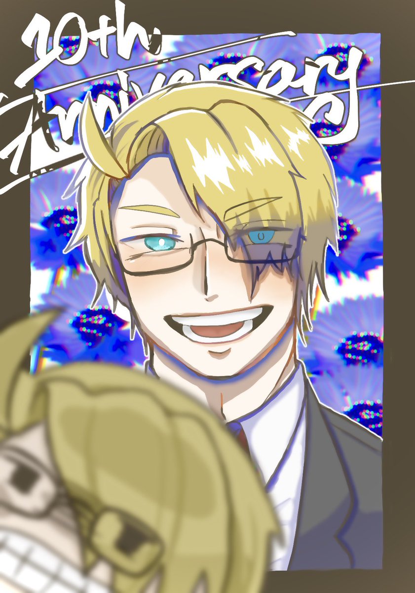 blonde hair male focus glasses smile blue eyes necktie ahoge  illustration images