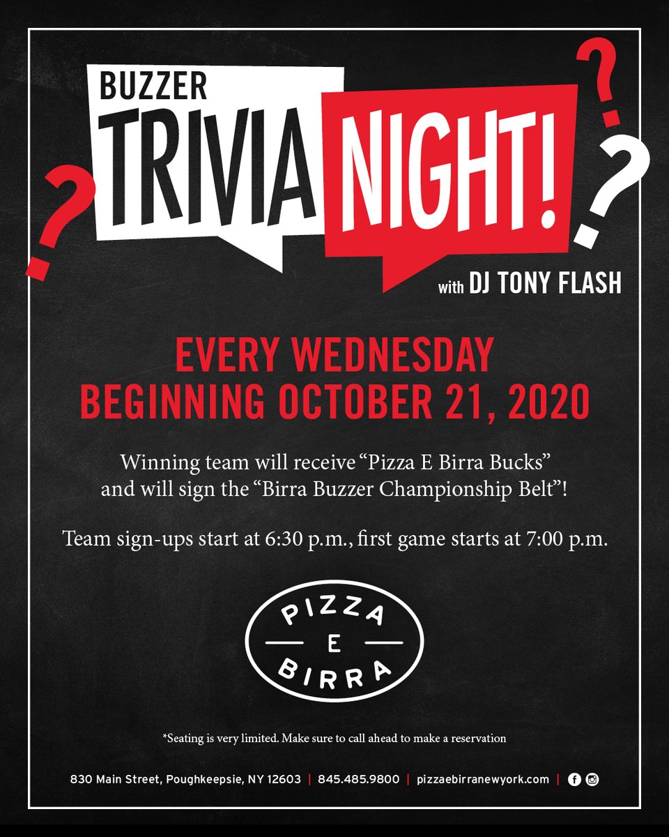 DJTonyFlash1's tweet photo. Buzzer Trivia with myself @DJTonyFlash1 ...this Wednesday night 7pm @PizzaEBirraNY - in Poughkeepsie. Seating is limited! PLEASE call to make a reservation soon! #buzzertrivia #newyorkpizza #poughkeepsie #poughkeepsieny #poughkeepsierestaurants #italianfood https://t.co/iWjzquAEsp
