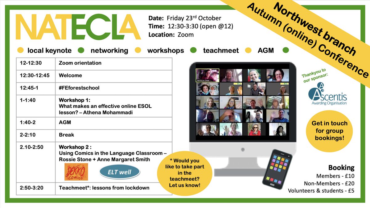 NATECLA_NW's tweet photo. Book NOW for Friday’s #NATECLANW20 online conference sponsored by @AscentisAO.
Don't miss: Using comics in the language classroom
and
What makes an effective online ESOL lesson
Only £10 for members
Book here https://t.co/TrfF1aSzdD https://t.co/Rgbklhk9Tc