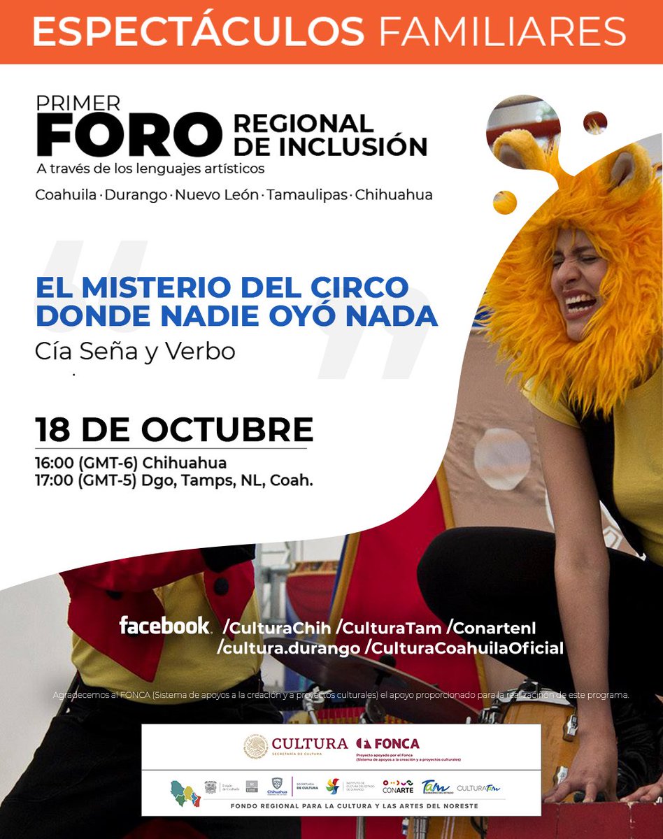 Familia, ¡hoy es la cita! 🎉
Conéctense a la transmisión en vivo de la puesta en escena "El misterio del circo, donde nadie oyó nada" por la compañía <a href="/SyVTeatro/">Seña y Verbo: Teatro de Sordos</a>. 🤹🏻🎪

¡Formen parte del Primer #ForoRegionalDeInclusión a través de los Lenguajes Artísticos!