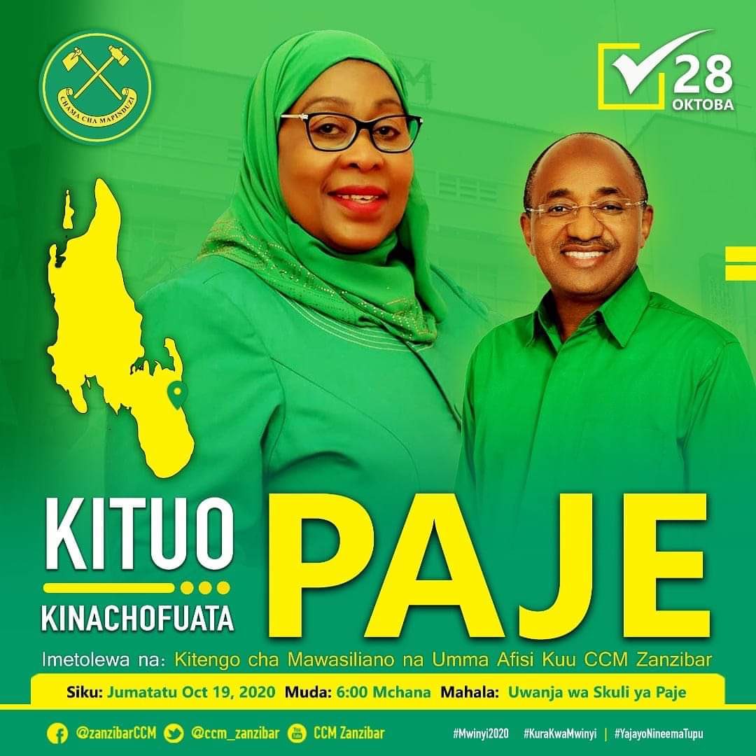 ccm_tanzania's tweet photo. Mgombea mwenza wa Urais JMT kwa tiketi ya Chama cha Mapinduzi Ndugu @SuluhuSamia tarehe 19 Oktoba 2020 atakuwa na Mkutano wa Kampeni katika Uwanja wa Skuli ya Paje Jimbo la Paje Mkoa wa Kusini Unguja Zanzibar.
#ChaguaCCM 
#KuraKwaMwinyi2020 
#T2020JPM 
#YajayoNiNeemaTupu https://t.co/9ga9B9ZwQt
