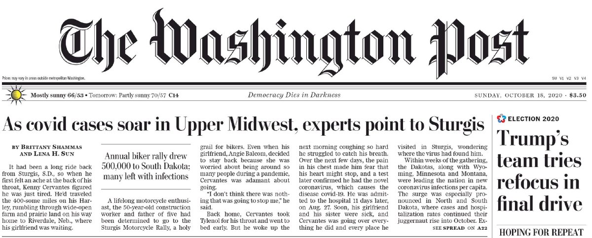 Like the  #RoseGarden event, there was no contact tracing so the full extent of both these clusters will never be known https://www.washingtonpost.com/health/2020/10/17/sturgis-rally-spread/ by  @britsham  @bylenasun Deaths have risen sharply in ND, SD, MT 3/