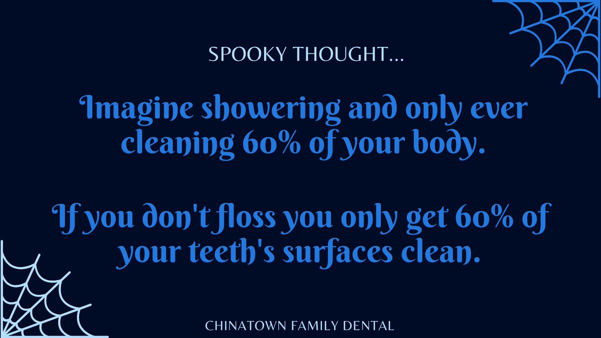 ChiFamDental's tweet image. If you don&apos;t floss, you are missing 40% of your teeth&apos;s surface. How would you feel missing cleaning 40% of your body? #oralhealth #Familydentist #spookythoughts