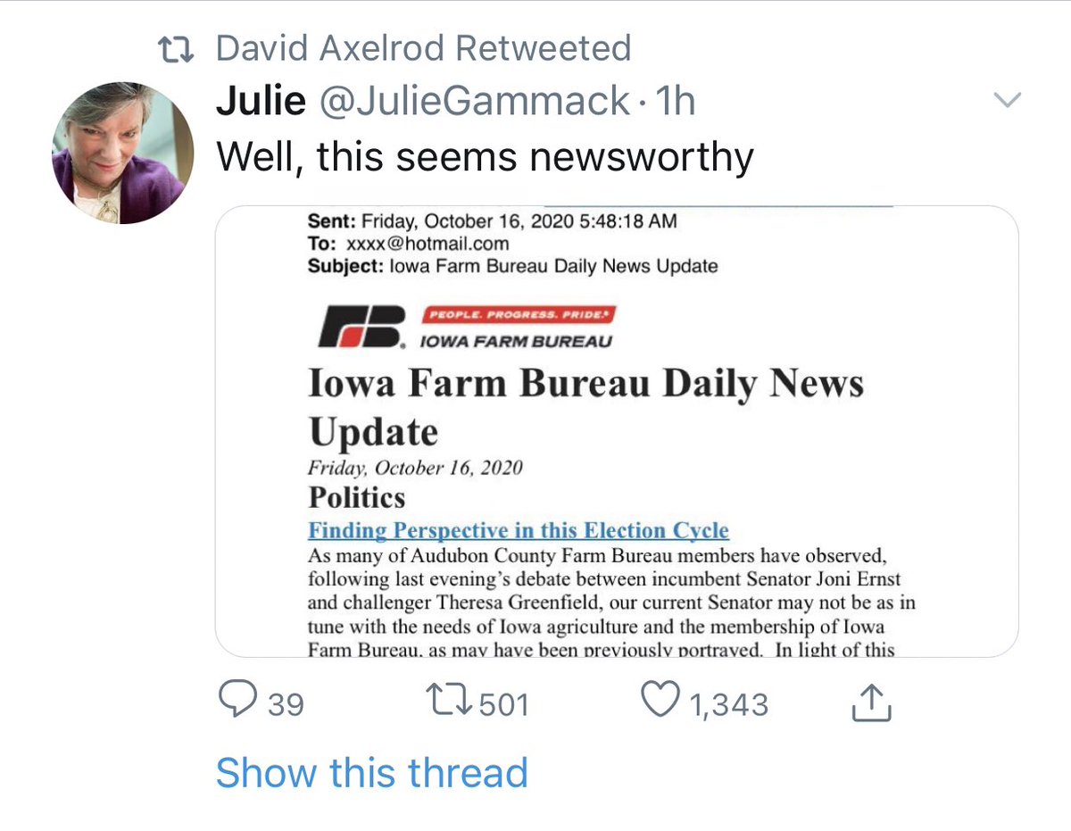 . @rachelgirwin is the comms director for Schumer’s Super PAC. Here she is sharing a doctored email suggesting Joni lost the Iowa Farm Bureau endorsement. This misinformation was shared and retweeted by  @davidaxelrod,  @greenfield64, and several other large accounts