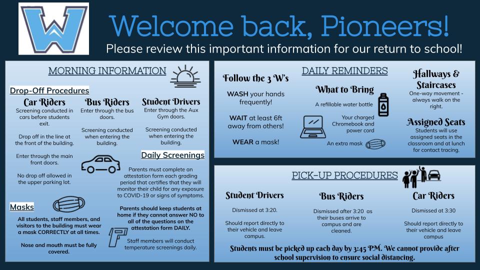 WHS_Pioneers's tweet photo. We are looking forward to seeing all of our Watauga Cohort students at school tomorrow!  Please review the image below for important information, reminders, and procedures. #WHSPioneerPride #WeAreWatauga https://t.co/Ar0yKP7fXH