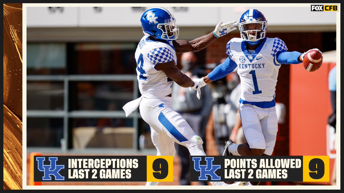 🙀 <a href="/UKFootball/">Kentucky Football</a>’s defense has the same amount of interceptions as points allowed in the last two games