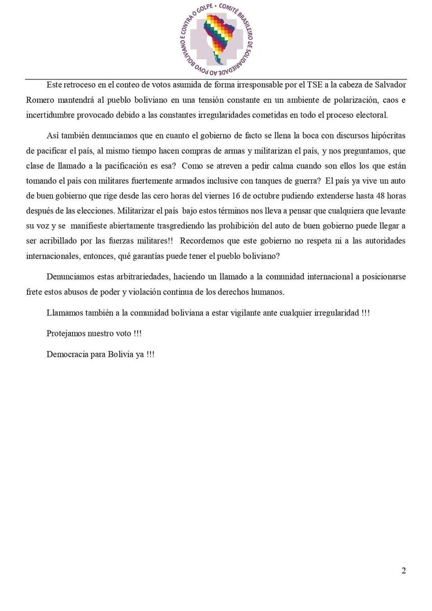 PrensaWiphala's tweet photo. Comite Brasileño de Solidaridad denuncia maniobras electoralesde los golpistas por medio del TSE 

#BoliviaNoSeCalla https://t.co/SXkprI9OoB