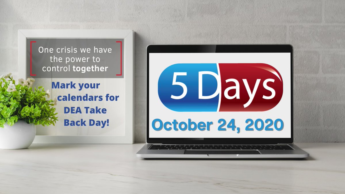 DEAHQ's tweet photo. Only 5 DAYS until #DEA #TakeBackDay! Make sure you clean out your medicine cabinets now and bring them to a collection site near you on October 24, 2020. https://t.co/KN0iLECzYc https://t.co/2pQn5tMf6G