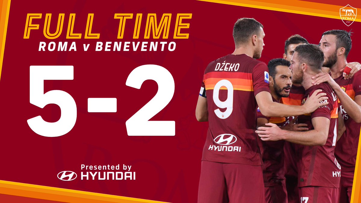 ✅ VICTOIRE ! ✅
L'#ASRoma s'impose à domicile ce soir, après une très belle prestation offensive !
⚽️ Les buteurs...
- Pour la Roma : Pedro (31'), Dzeko (35'), Veretout (69' sp), Perez (89').
- Pour Benevento : Caprari (5'), Lapadula (55').
#RomaBenevento 🖐️-✌️ https://t.co/Q6iHtWyREq