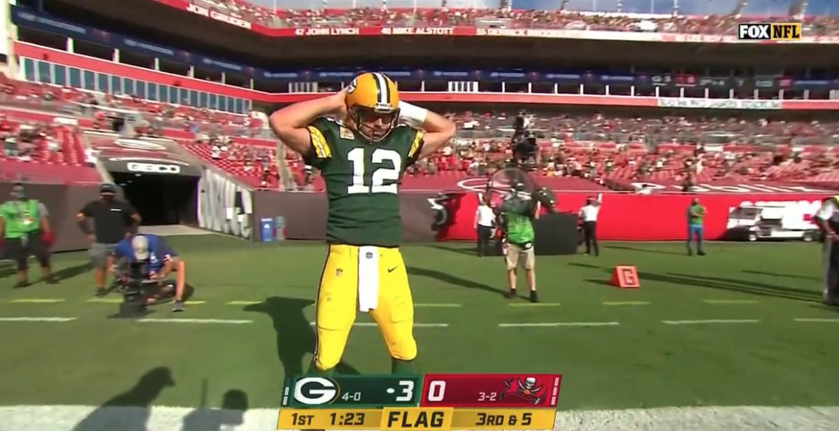 espn's tweet photo. Aaron Rodgers after scoring 😂 https://t.co/7EMiaZMJ5K
