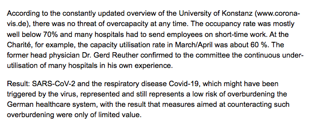 Germany. "According to the constantly updated overview of the University of Konstanz ( http://www.corona-vis.de ), there was no threat of overcapacity at any time. The occupancy rate was mostly well below 70% and many hospitals had to put employees on short-time work."Same source