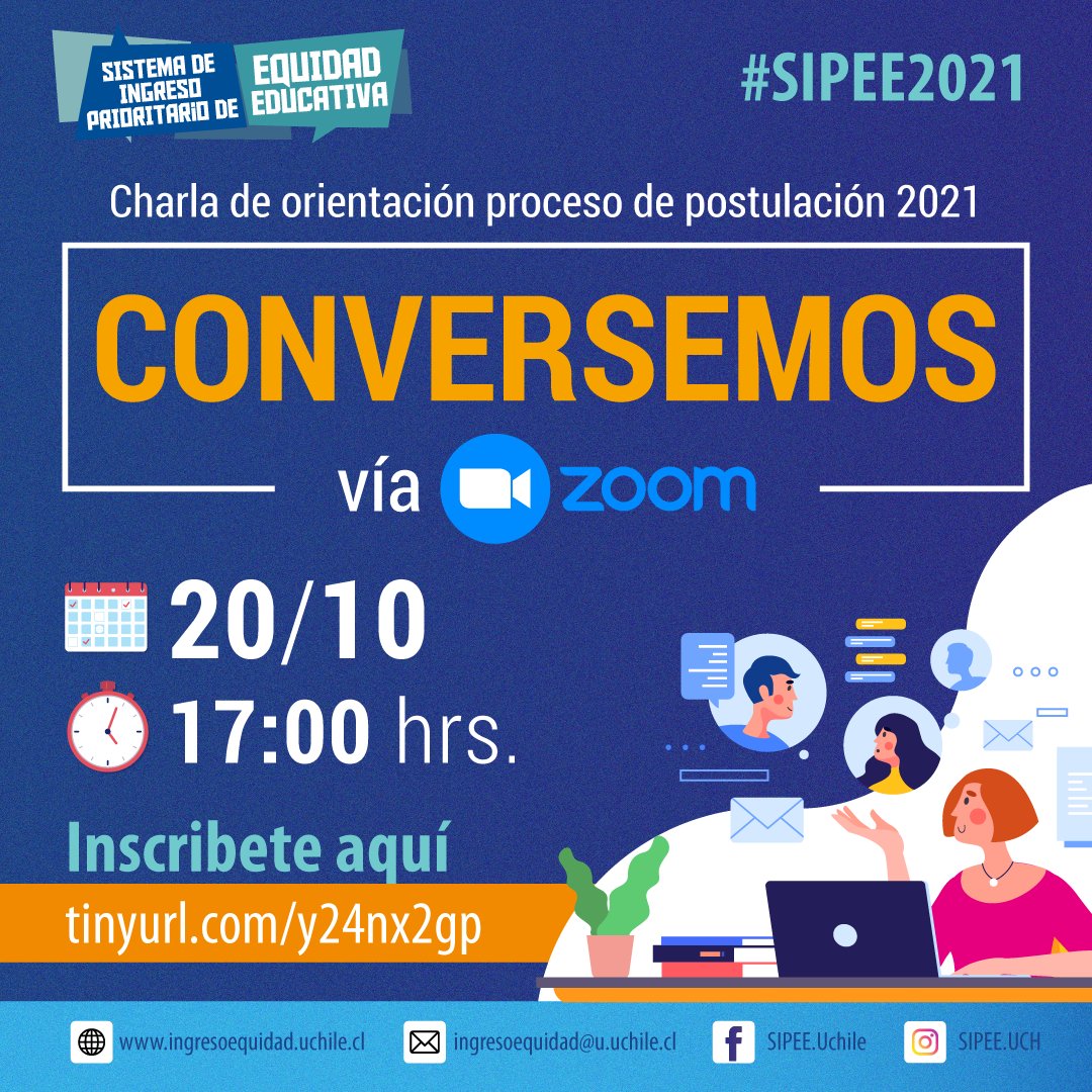 uchile's tweet photo. ESTE MARTES a las 17:00hrs. Conversemos: Súmate a nuestra última charla de orientación #SIPEE para que tu postulación al Sistema de Ingreso Prioritario de Equidad Educativa (SIPEE) esté 100% bien. Inscríbete en: https://t.co/pyJbsIdU54
Postula al SIPEE en: https://t.co/adSuturUdA https://t.co/QAEzi7KOpg