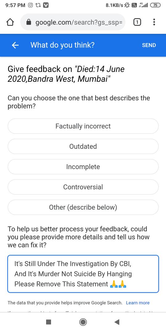 ShreyaHere4SSR's tweet image. Google To Change....
@itsSSR Cause Of Death🙏🙏
Please Feedback 🙏
#ProtestInBihar4SSR
#SUSHANTWASMURDERED 
#BiharRaiseVoice4SSR 

@iRaviTiwari @iujjawaltrivedi @republic @SsrHerefor @smitaparikh2 @jiyaRaj2402 @shwetasinghkirt @ishkarnBHANDARI