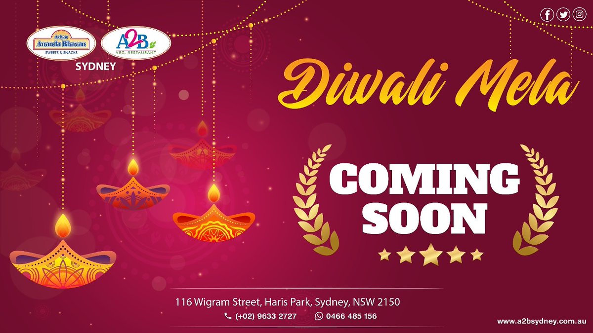 AdyarSydney's tweet photo. Diwali Mela Coming Soon @ A2B Sydney

Call Us-02 9633 2727 / 02 9633 2767

Online Order : https://t.co/7XKbjVLW0B
Uber Eats : https://t.co/0IeKgiIka9

Visit Us : https://t.co/ludIbEDknk
Like us: Facebook: https://t.co/FGZNJygo8N
Follow us: https://t.co/2sqhJGbfv2 https://t.co/veQpktqlQh