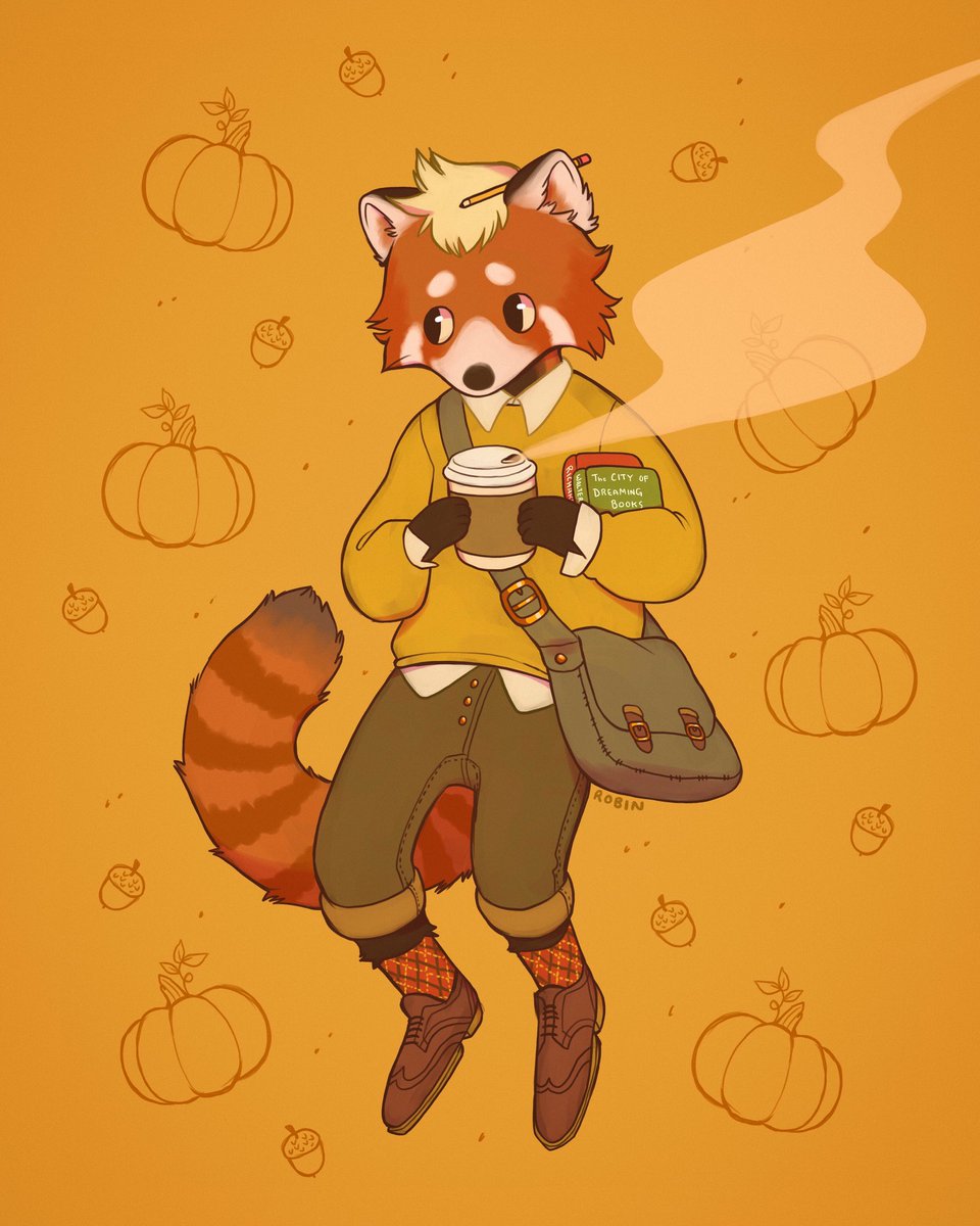 rainbow_boyo's tweet photo. Little red panda professor wearing my favorite autumn clothes 🍂🥧🍁🎃 https://t.co/RG35t7M7lG