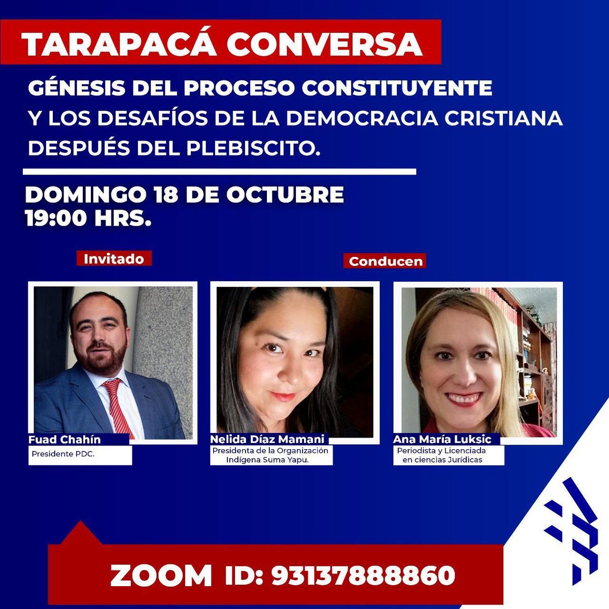 💙❤️💙 [TOD@S INVITAD@S] Una conversación necesaria hoy para comprender el proceso constitucional que está viviendo nuestro país. L@s esperamos!! 
#Apruebo
#SomoslaDC 
ID de reunión: 93137888860
Código de acceso: 697977
#Iquique #AltoHospicio #Tarapacá