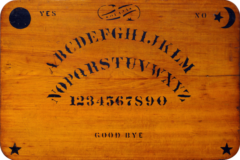 The ouija (also known as a spirit board or talking board) is a flat board marked with the letters of the alphabet, the numbers 0–9, the words "yes", "no", occasionally "hello" and "goodbye", along with various symbols and graphics.