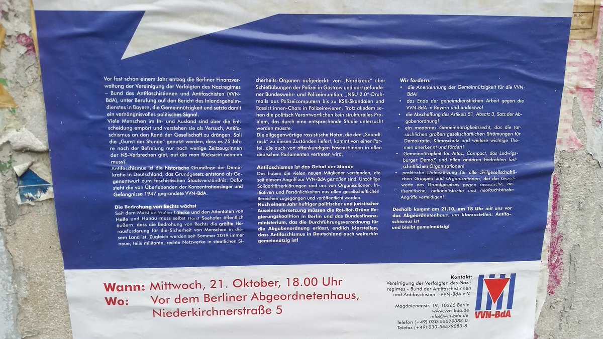 Meine Demo der Woche von @vvn_bda. Mittwoch, 18h, Berlin. See you there...

#Verfassungsschutzabschaffen
#Gemeinnützigkeit
#Holocaust
#Auschwitz