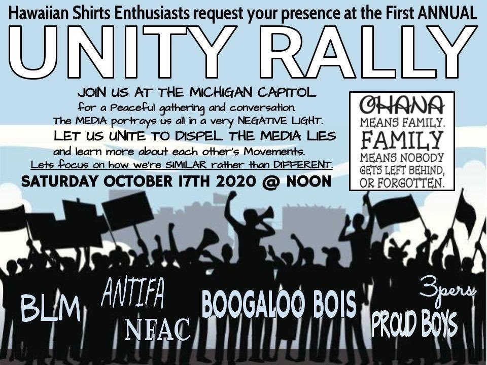 Some context: This was the original flier describing the rally's premise.An organizer told me by phone that they tried to make contact with all the groups listed (BLM, Antifa, Boogaloo, Proud Boys, 3pers, NFAC) in some way.Ultimately, rally was mostly boogaloo & III%er types.