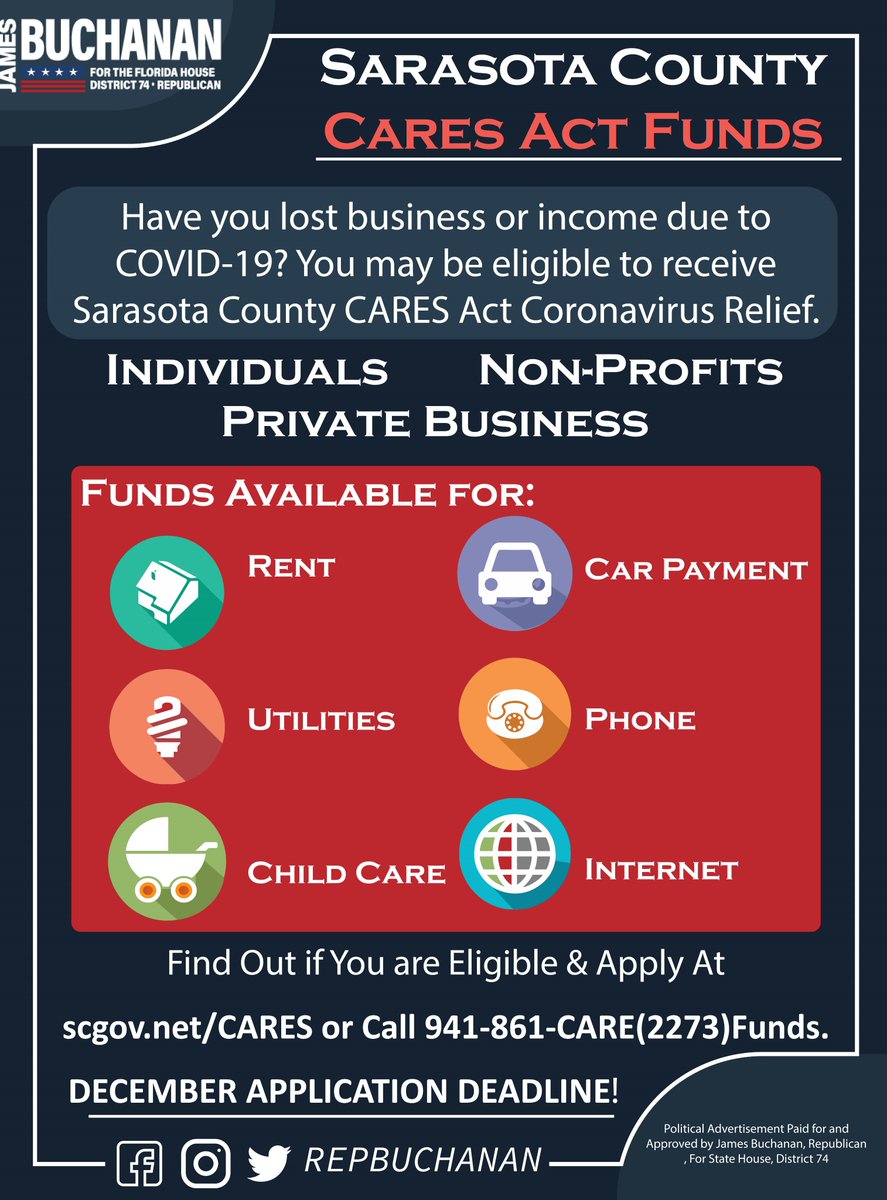 Have you lost business or income due to COVID-19? You may be eligible to receive Sarasota County CARES Act Coronavirus Relief Funds.  To learn about eligibility and to apply, visit scgov.net/CARES or call the Sarasota County CARES call center at 941-861-CARE(2273).