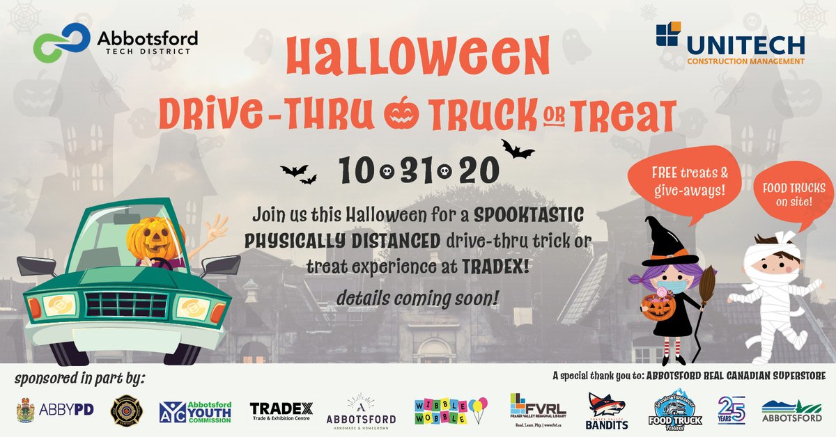City_Abbotsford's tweet photo. 🎃Halloween is going to look a little different this year...

🎃Fortunately #Abbotsford families can join in on the fun for a Spooktastic physically-distanced trick or treat experience @fvTradex!

🎃More details to come! https://t.co/3osy58JJQq