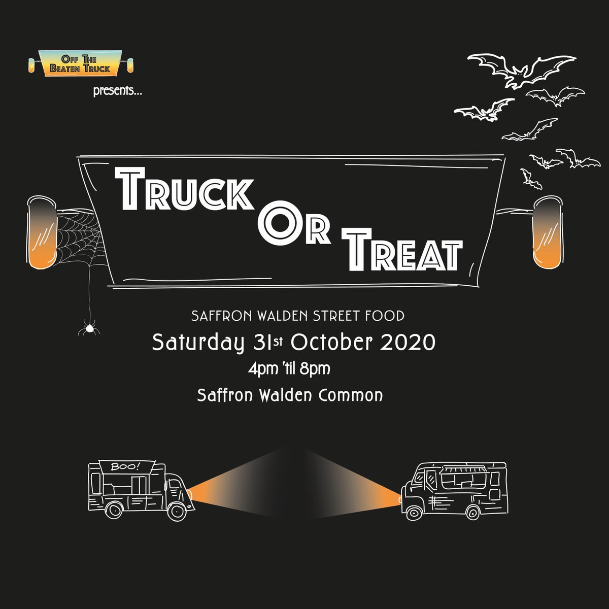 offbeatentruck's tweet photo. Announcing our #halloween special Truck or Treat! 🎃 You can find us on  #SaffronWalden Common Saturday 31 October 4 ‘till 8pm with a bigger line-up of food trucks 🚚 dishing out sweet &amp; savoury spooky specials, &amp; of course the traders will be in costume too.🧛🏻‍♂️More info to come! https://t.co/TmALg0UBNU