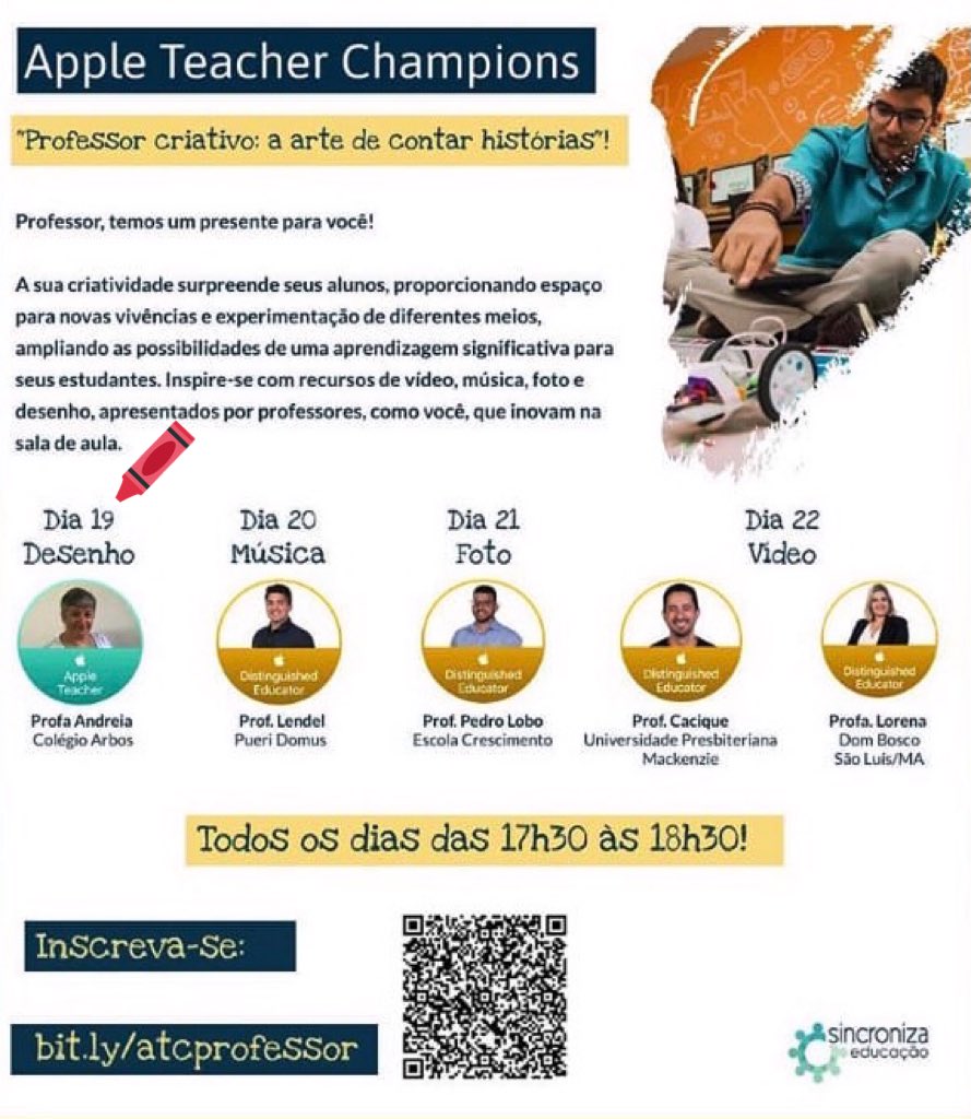 Eba, a partir de amanhã, teremos uma semana só para nós!! Diversos app, técnicas.... tudinho para vocês professores! Venham participar!! Já fez sua inscrição? Corre que ainda dá tempo!! bit.ly/atcprofessor 

#AppleEDU #AppleEDUchatBR #EveryoneCanCreate