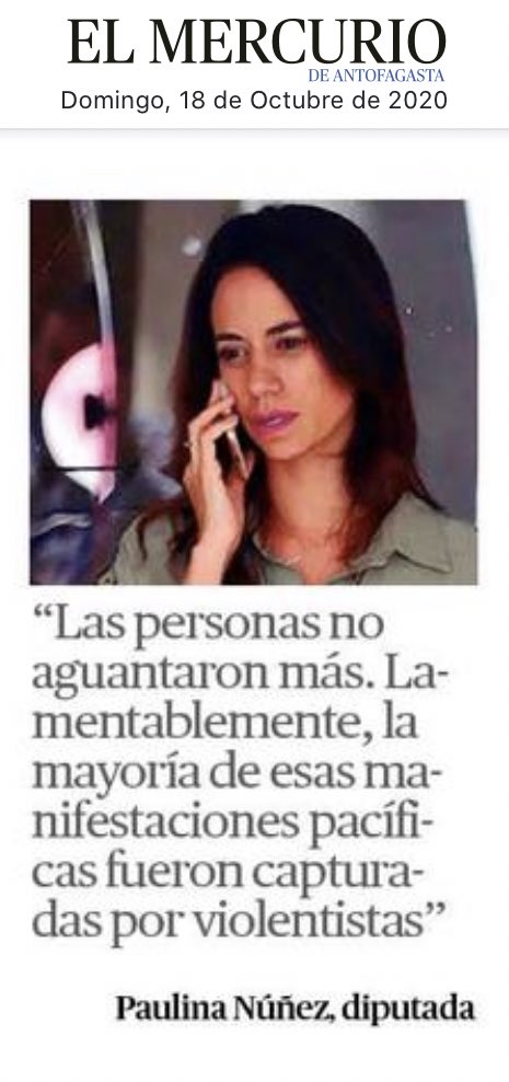 Según la Diputada #Paulina #Nuñez que respalda 100% a #Piñera y voto en contra del retiro 10% de las #AFP, todas las #manifestaciones son capturadas por #violentistas🤔#Antofagasta https://t.co/RmjCjzc9Ew