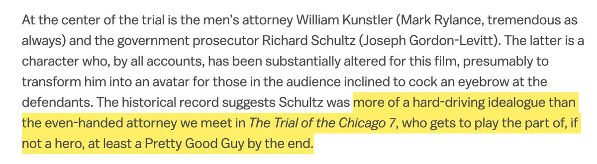 Sorkin also had the audacity to turn the government prosecutor into a well-intentioned good guy when he was an idealogue who despised the left. This change is made because Sorkin cannot grasp the idea that people in power are actually cruel and ignorant.