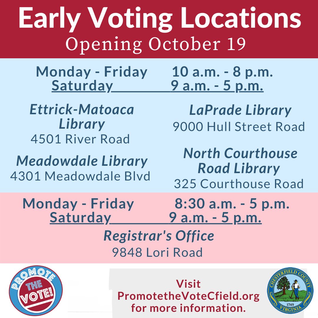 ChesterfieldVa's tweet image. This is not a drill. 
 
Starting TOMORROW, you can cast your ballot at 4 additional satellite early voting locations regardless of your original polling precinct. 
 
Visit PromoteTheVoteCfield.org to learn more about the General Election in #Cfield. #PlanYourVote
