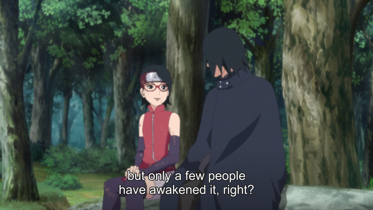 I don't know the details but uuuuh yeah that conversation is for another time. Or maybe Sasuke telling Sarada about all of the shit that happened when he was a kid will make her gain a Tomoe or two lol.  #BORUTO 170