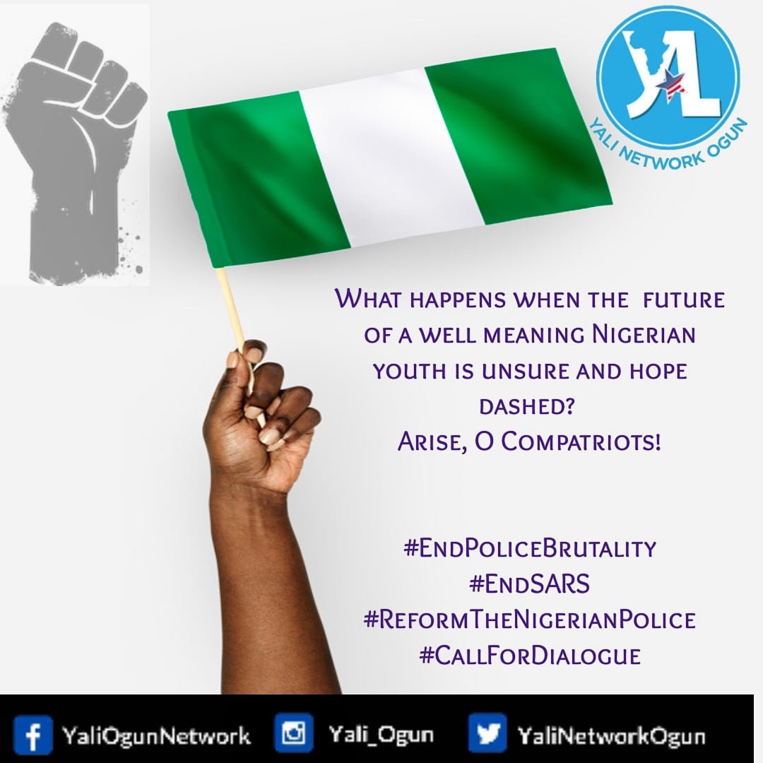 YALInetworkOgun's tweet photo. Arise, O Compatriots !
In times like this when hopes of a well meaning Nigerian youths are dashed, when and where does the young leader emerge?
We're our own leaders in this freedom call !
#EndPoliceBrutality #EndSARS #EndSWAT
#ReformTheNigerianPolice #CallForDialogue https://t.co/v0oJOh9ys9