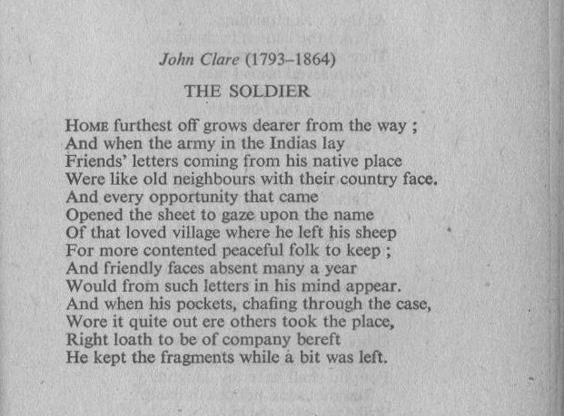 Soldiers treasure letters. John Clare, a century before Jarrell. I found this in a war poetry anthology Penguin issued in 1942. The final section: 'The World War 1939-   '. Unlike us, they didn't know when or how it would finish.At the back, an advert for rationed Mars Bars