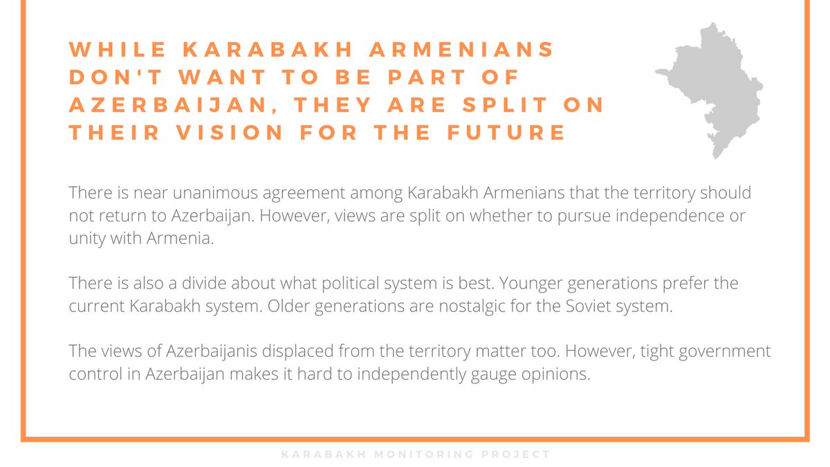THREAD: As fighting between #Armenia and #Azerbaijan over #Karabakh continues, what do we know about what the people living in the contested territory want? In this thread we present survey data published by @ConversationUK (1/8) #MonitoringKarabakh