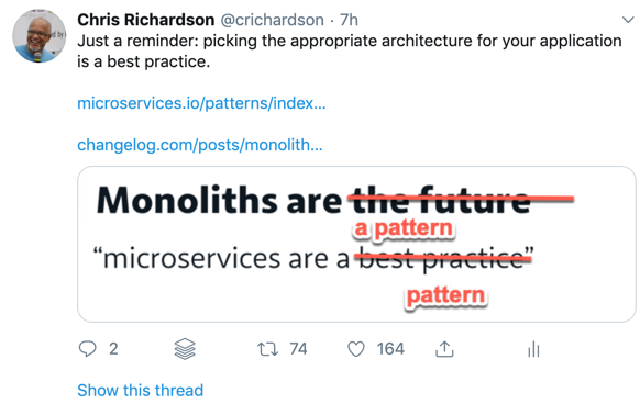 MicroSvcArch's tweet photo. Just a reminder - picking the appropriate architecture for your application is a best practice https://t.co/INUJnbm9lx https://t.co/LJXGTC4AMj