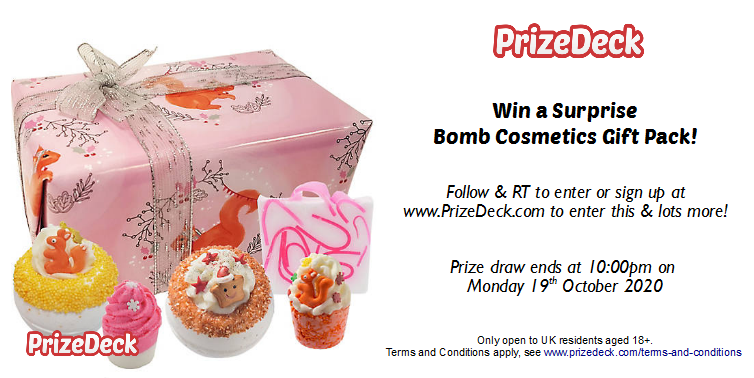 prizedeck's tweet photo. Autumn nights, bath-time &amp; a good Bath Bomb thrown in for good measure.

Follow &amp; RT for your chance to WIN a surprise Bomb Cosmetics Gift Pack! Yep, we'll surprise the winner with a luscious box of bath treats.

Ends 10PM Monday 19th October 2020
Terms Apply: UK &amp; 18+ Only https://t.co/QKBAgNHgAZ