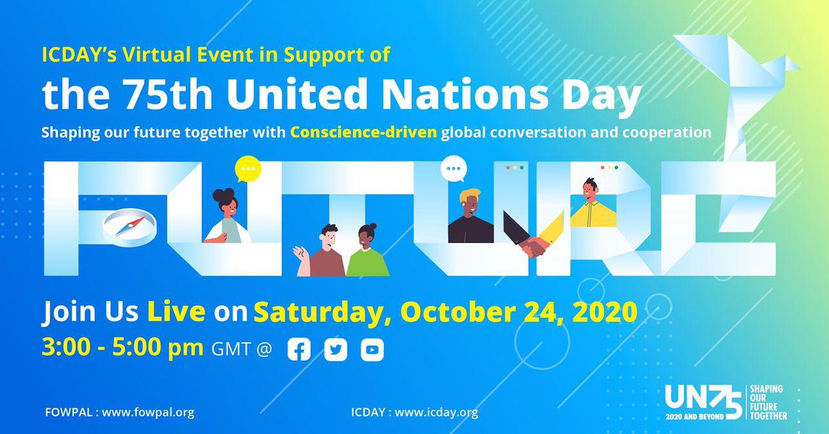 icday2020's tweet photo. Save the date! Join our LIVE stream on Oct. 24 to celebrate the 75th United Nations Day. (#UN75)
What actions can individuals take to best support the UN mission to shape the future we want?
Share your thoughts in the comment. Together, we can change the world for the better. https://t.co/vM6h6JFMy0
