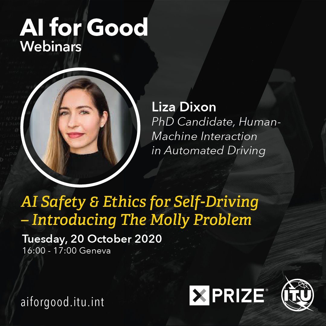 Liza Dixon ⚡️ (@lizadixon) on Twitter photo Join me and other experts this Tuesday for an @ITU_AIForGood panel discussion on AI safety & ethics for self-driving 🤓
Take the survey and register to join us!
aiforgood.itu.int/events/ai-safe… <a href="/UN/">United Nations</a> #AIForGood Join me and other experts this Tuesday for an @ITU_AIForGood panel discussion on AI safety & ethics for self-driving 🤓
Take the survey and register to join us!
aiforgood.itu.int/events/ai-safe… <a href="/UN/">United Nations</a> #AIForGood