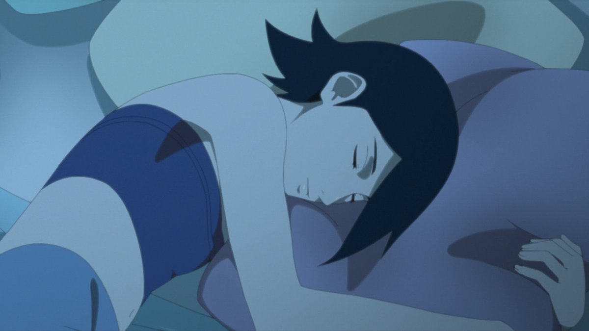 Five pillows but sleeps on top of her... very tiny... blanket? I guess it must be warm.  #BORUTO 170