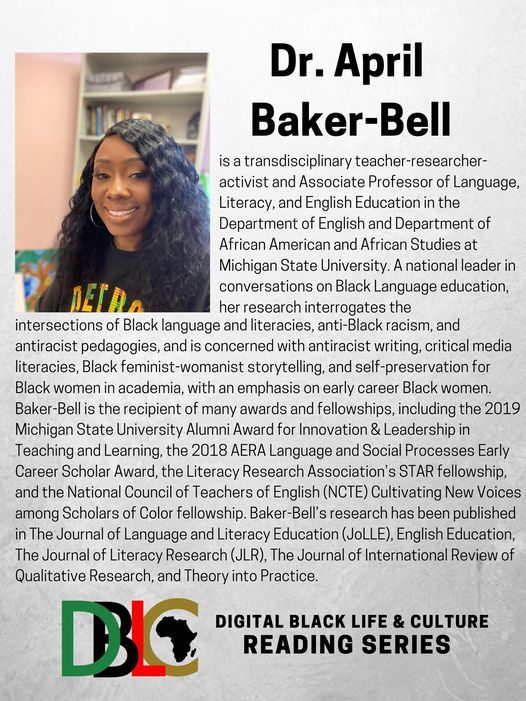 We are so excited to have our chat with Dr. April Baker-Bell on her book, Linguistic Justice. Don't forget to tag three Black graduate students and share this info for a chance to win a free copy! #dblacreadingseries #linguisticjustice