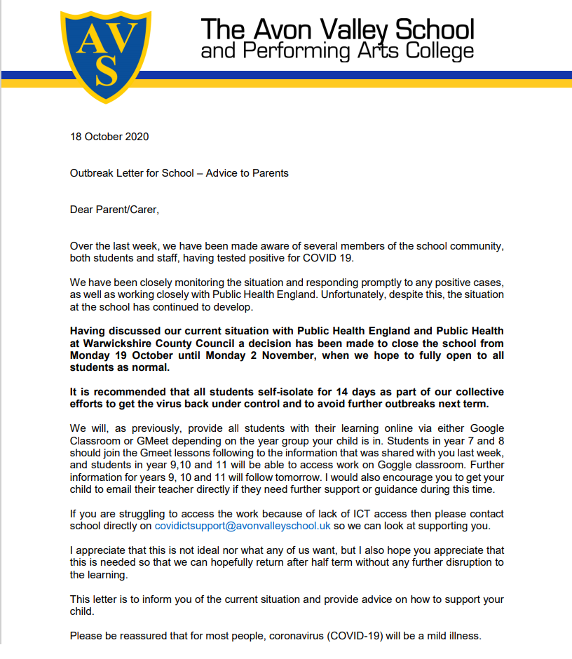 AvonValleySch's tweet photo. School Closure - All Students
Over the last week, we have been made aware of several members of the school community, both students and staff, having tested positive for COVID 19. 1/6 https://t.co/FMGmpSCrXY