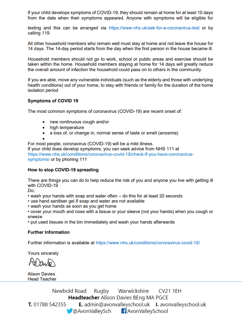 AvonValleySch's tweet photo. School Closure - All Students
Over the last week, we have been made aware of several members of the school community, both students and staff, having tested positive for COVID 19. 1/6 https://t.co/FMGmpSCrXY