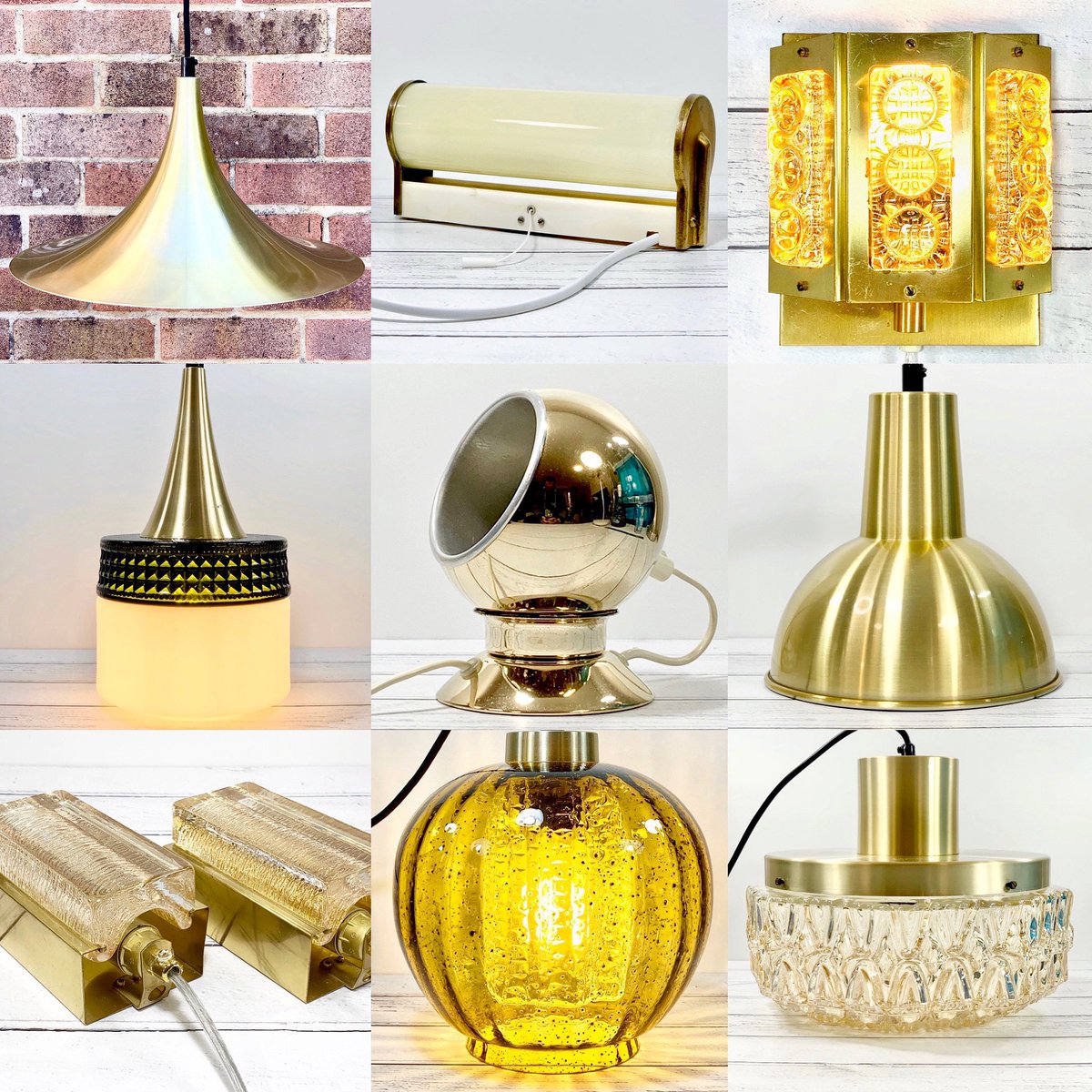 Scandiwegians's tweet photo. As winter nears, you may wish to add some cosy lighting to your home. We have a wide range of vintage Scandinavian lighting. This selection of super sophisticated gold and brass lamps includes some with amber Swedish glass which projects a warm cosy glow. https://t.co/LZKtnJhRQE https://t.co/HKK7eNZokH